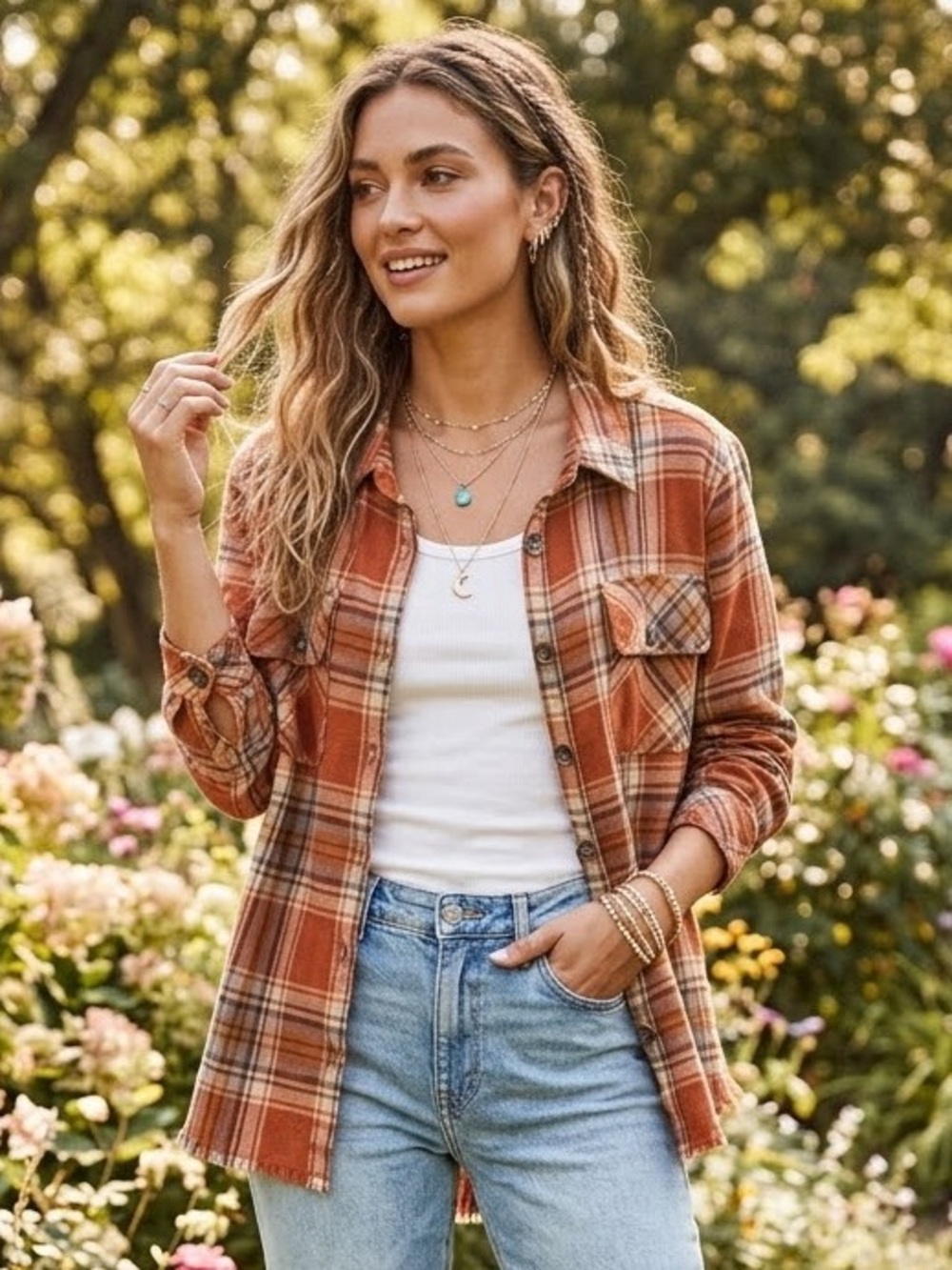 Democracy Plaid Flannel Button Down Shacket Top with Pockets and Raw Hem